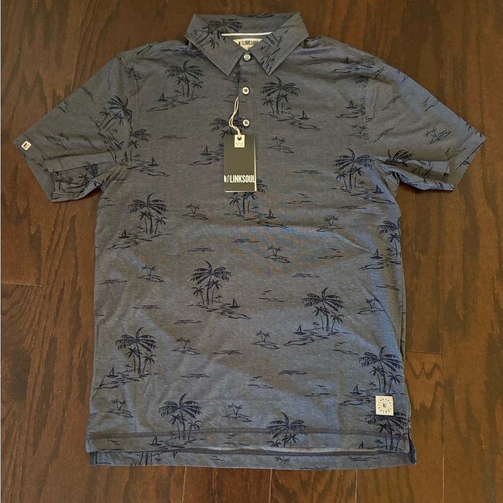 LINKSOUL Men's Navy Blue Island Printed Astoria Golf Polo Shirt, Size Small, NWT
